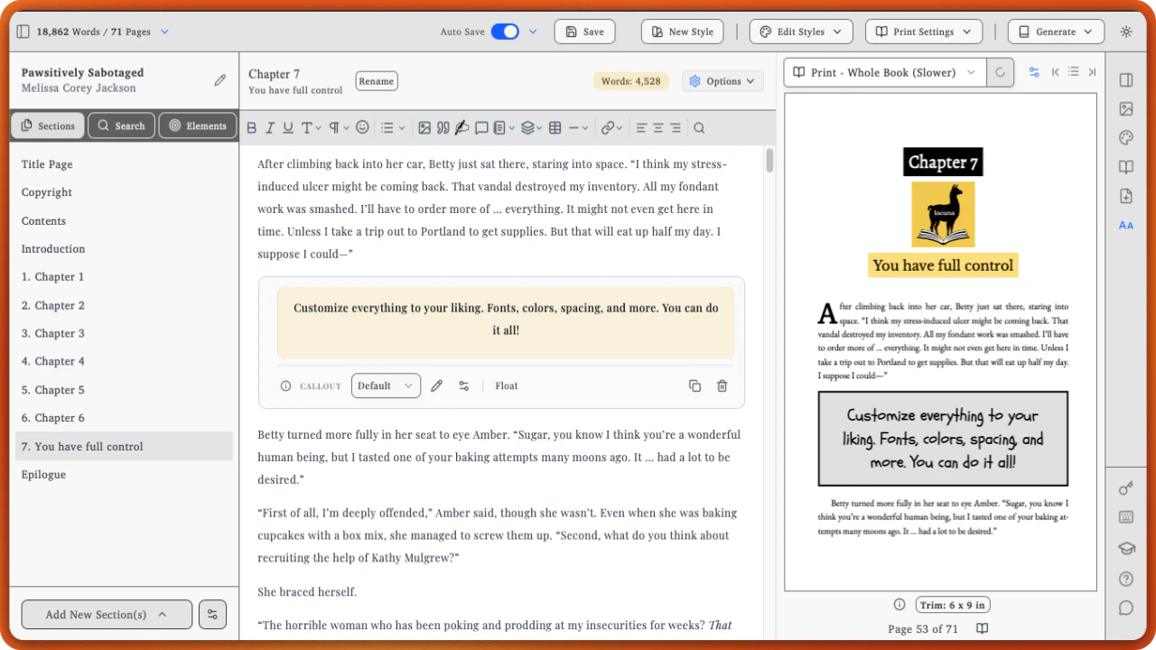Lacuna book formatting software interface showing a manuscript formatted as a professional book